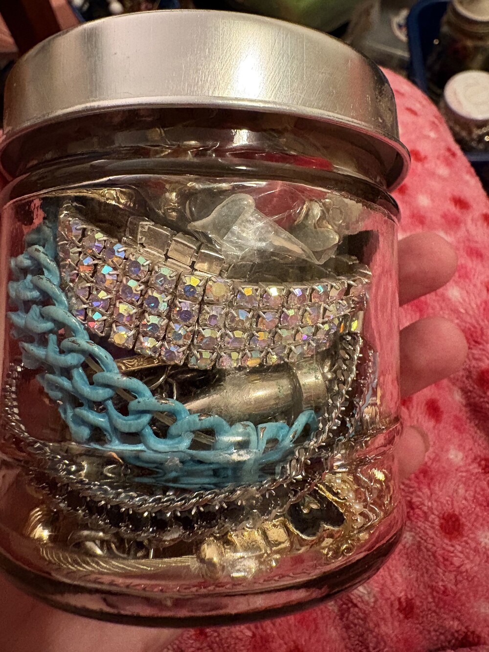 Silver-Tone Jewelry Jar with Rhinestone Bracelet and Mixed Jewelry